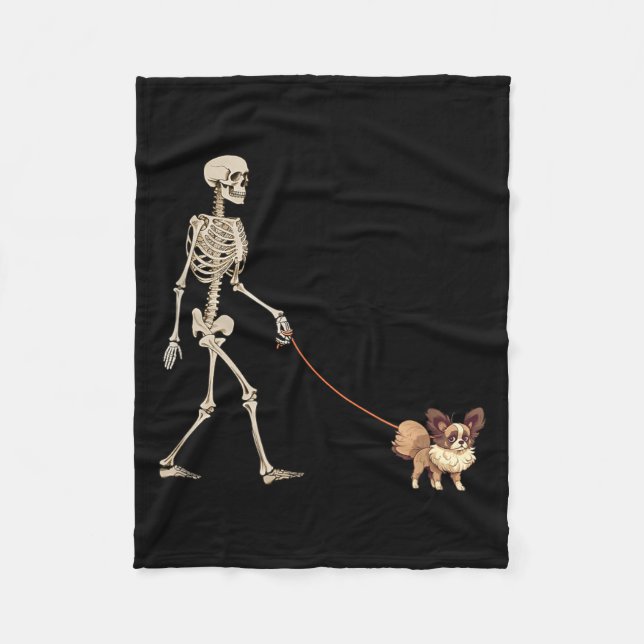 Funny Papillon Skeleton Dog Walking Halloween Dog Fleece Blanket (Front)