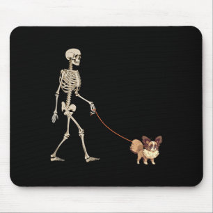 Funny Papillon Skeleton Dog Walking Halloween Dog Mouse Pad