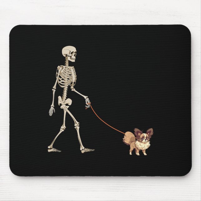 Funny Papillon Skeleton Dog Walking Halloween Dog Mouse Pad (Front)
