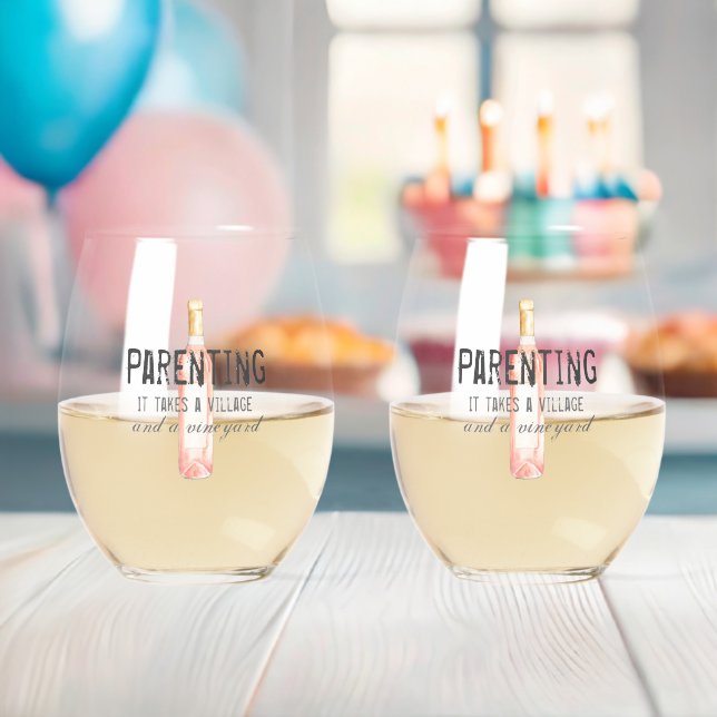 Funny Parenting Village and Vineyard Quote  Stemless Wine Glass (Insitu (Baby Shower))