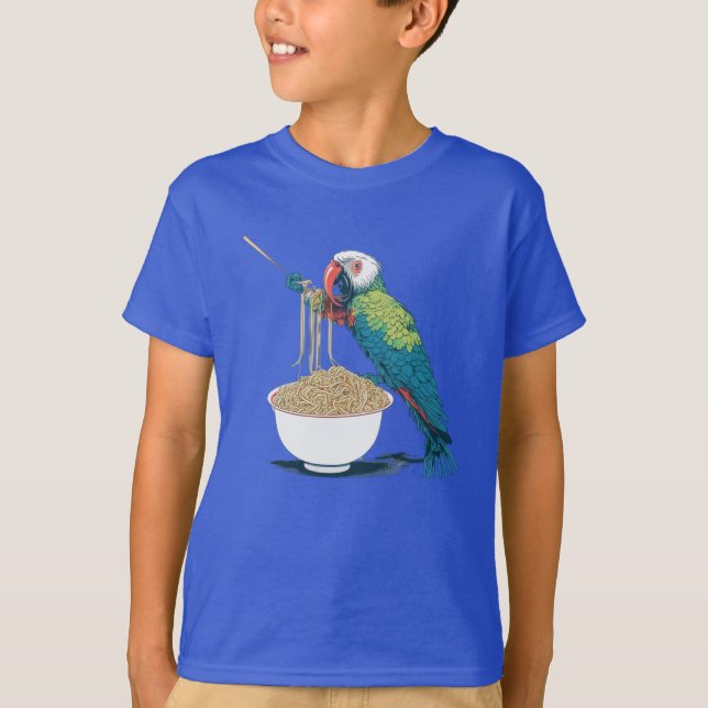 Funny Parrot Eating Ramen Noodles T-Shirt (Front)
