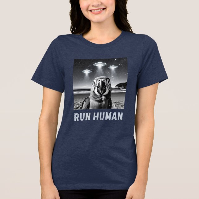 Funny Parrot Selfie UFO Quirky Art Tri-Blend Shirt (Front)