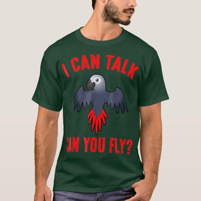 Funny Parrot Shirt I Can Talk Can You Fly Grey (Front)
