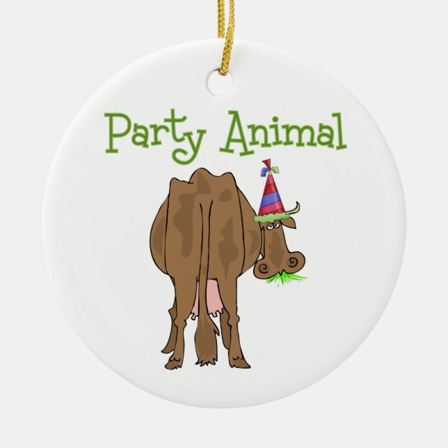 Funny  Party Animal Birthday Cow Ceramic Tree Decoration (Front)