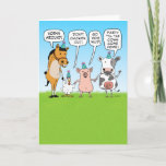 Funny Party Animals Advice for Birthday Card<br><div class="desc">This cute, colourful and funny birthday card features a horse, a chicken, a hog, and a cow giving some farm-fresh advice on how to celebrate: Horse Around, Don't Chicken Out, Go Hog Wild, and Party 'til the Cows Come Home! The perfect card for an animal lover! Thanks for choosing this...</div>