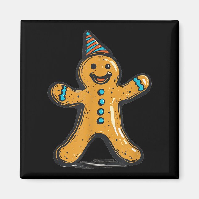 Funny Partying Gingerbread Man With Party Hat Cost Magnet (Front)