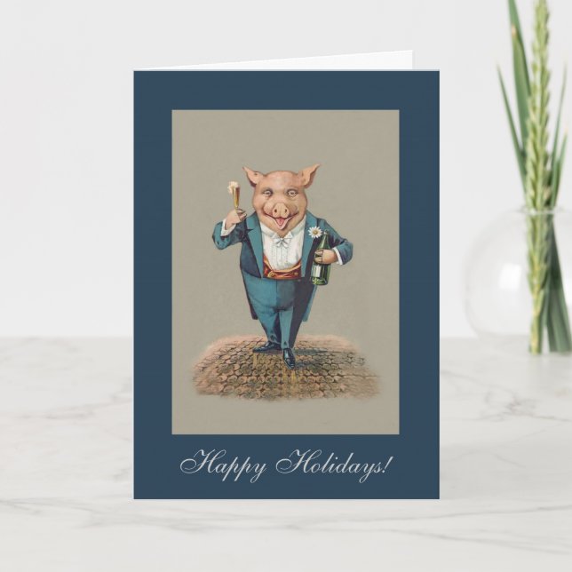 Funny Partying Pig - Cute Animal Holiday/Christmas Holiday Card (Front)
