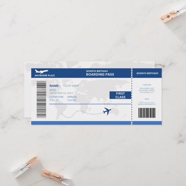 Funny passport, boarding pass ticket 7th birthday invitation (Front/Back In Situ)