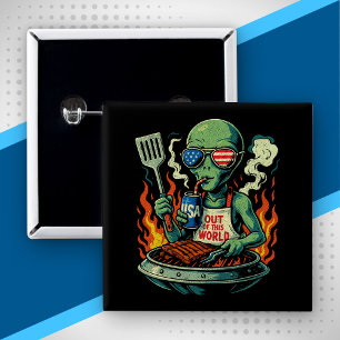 Funny Patriotic Alien Grilling Retro American BBQ 15 Cm Square Badge