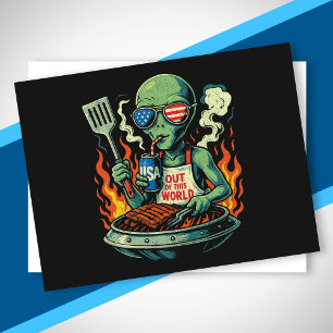 Funny Patriotic Alien Grilling Retro American BBQ Holiday Postcard