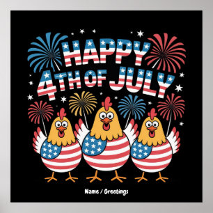 Funny Patriotic Chickens 4th of July USA Flag Poster