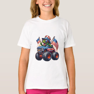 Funny Patriotic Dinosaur T Rex On Monster Truck  T-Shirt