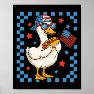Funny Patriotic Duck Usa Flag Hot Dog 4th Of July Poster