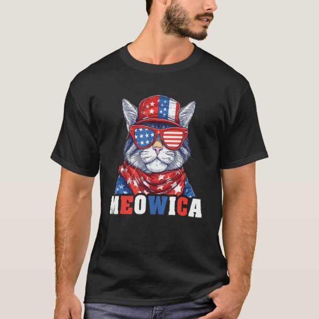 Funny Patriotic Kitty cat 4th of July Meowica Cat T-Shirt (Front)