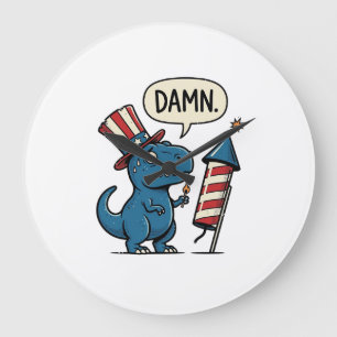 Funny Patriotic T-Rex Firework Shirt Design_1 Large Clock
