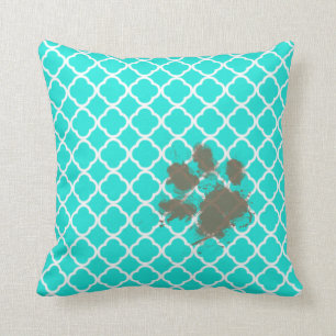 Funny Paw Print on Aqua Colour Quatrefoil Cushion