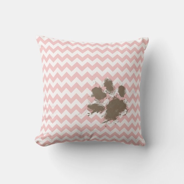 Funny Paw Print on Baby Pink, Light Pink Chevron Cushion (Front)