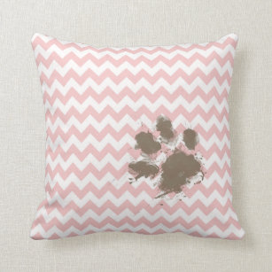 Funny Paw Print on Baby Pink, Light Pink Chevron Cushion