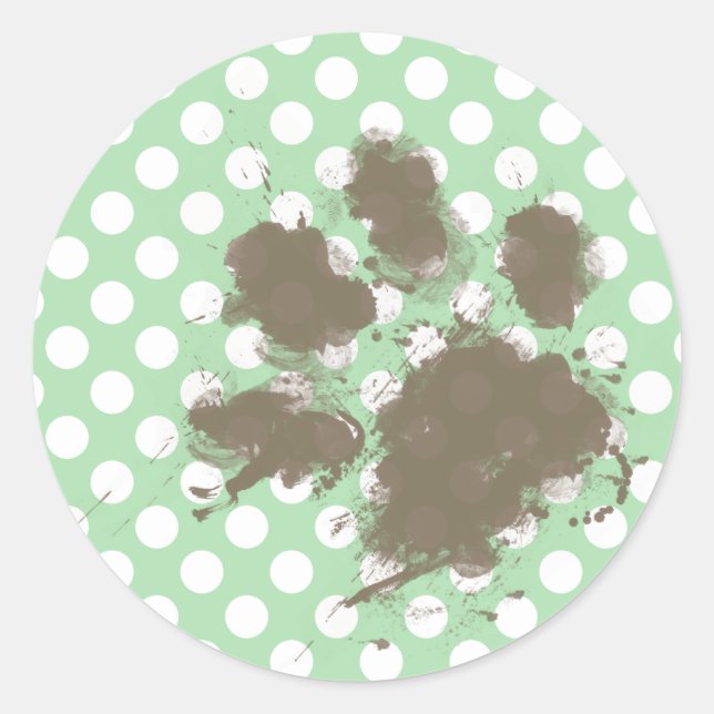 Funny Paw Print on Celadon Green Polka Dots Classic Round Sticker (Front)