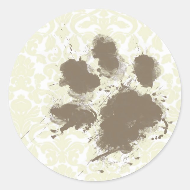 Funny Paw Print on Ivory Damask Pattern Classic Round Sticker (Front)