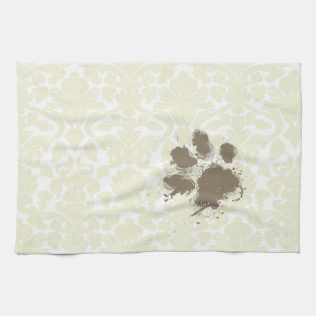 Funny Paw Print on Ivory Damask Pattern Tea Towel (Horizontal)