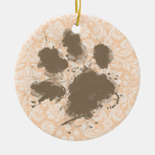 Funny Paw Print on Light Apricot, Peach Damask Ceramic Tree Decoration