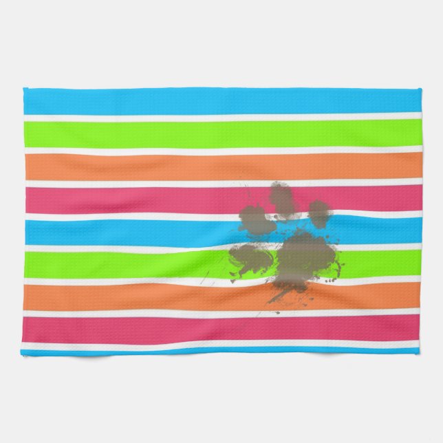 Funny Paw Print on Neon Stripes Tea Towel (Horizontal)