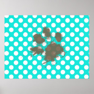 Funny Pawprint; Aqua Colour Polka Dots Poster