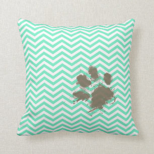 Funny Pawprint on Aquamarine Chevron Cushion