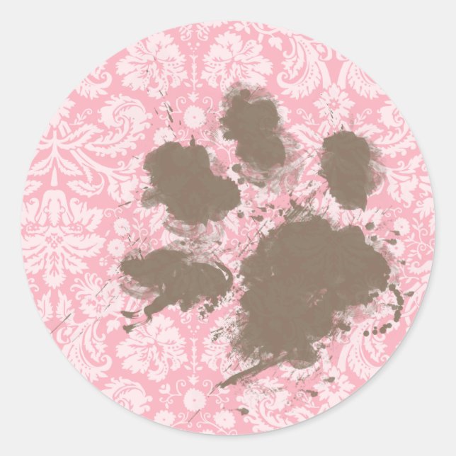 Funny Pawprint on Bubble Gum Pink Damask Classic Round Sticker (Front)