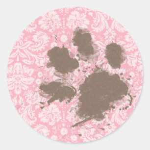 Funny Pawprint on Bubble Gum Pink Damask Classic Round Sticker