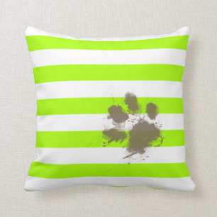 Funny Pawprint on Electric Lime Green Stripes Cushion