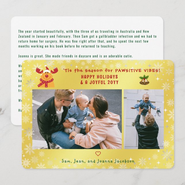 Funny Pawsitive Rudolph 2 Photos Minimalist Golden Holiday Card (Front/Back)