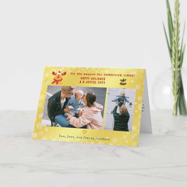 Funny Pawsitive Rudolph 2 Photos Minimalist Golden Holiday Card (Front)