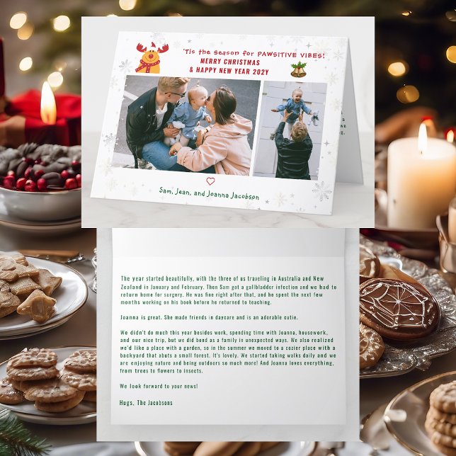 Funny Pawsitive Rudolph 2 Photos Minimalist Modern Holiday Card (Cute Elegant Funny Rudolph Pawsitive Vibes Merry Xmas Happy New Year 2 Photos Snowflakes Letter)