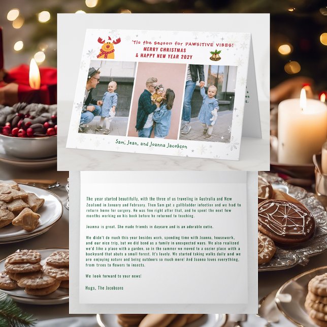 Funny Pawsitive Rudolph 3 Photos Minimalist Modern Holiday Card (Cute Elegant Funny Rudolph Pawsitive Vibes Merry Xmas Happy New Year 3 Photos Snowflakes Letter )