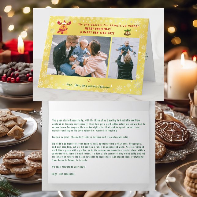 Funny Pawsitive Rudolph Minimalist 2 Photos Golden Holiday Card (Cute Elegant Funny Rudolph Pawsitive Vibes Merry Xmas Happy New Year 2 Photos Snowflakes Golden)