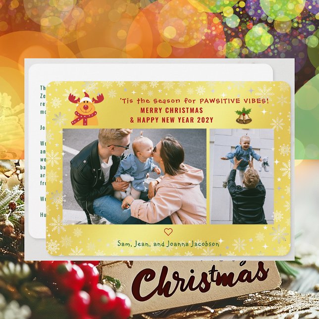 Funny Pawsitive Rudolph Minimalist 2 Photos Golden Holiday Card (Cute Funny Rudolph Pawsitive Vibes Merry Christmas Happy New Year 'Tis the Season 2 Photos Letter)