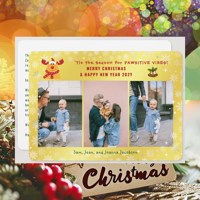 Funny Pawsitive Rudolph Minimalist Elegant 3 Photo Holiday Card (Cute Funny Rudolph Pawsitive Vibes Merry Christmas Happy New Year 'Tis the Season 3 Photos Letter)