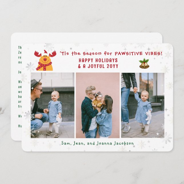 Funny Pawsitive Rudolph Minimalist Modern 3 Photos Holiday Card (Front/Back)