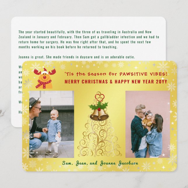 Funny Pawsitive Rudolph Photos Letter Cute Golden Holiday Card (Front/Back)