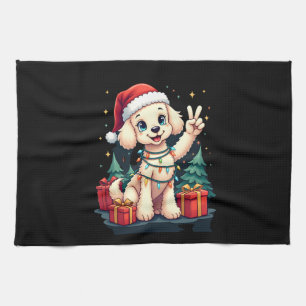 Funny Peace Hand Poodle Christmas Lights Womens Me Tea Towel