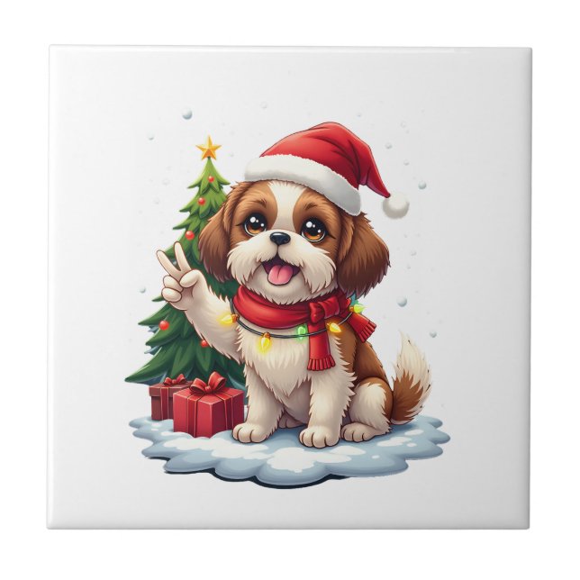 Funny Peace Hand Shih Tzu Christmas Lights Womens  Tile (Front)