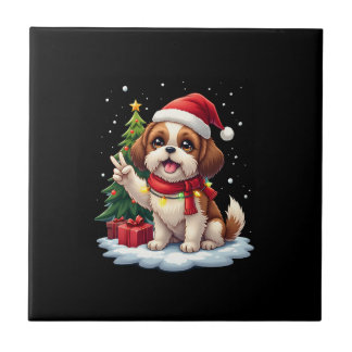 Funny Peace Hand Shih Tzu Christmas Lights Womens  Tile