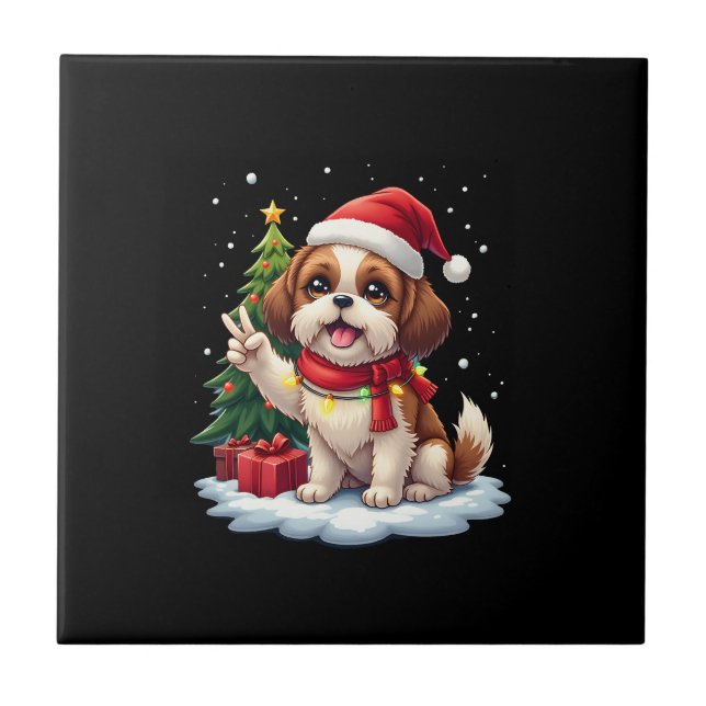 Funny Peace Hand Shih Tzu Christmas Lights Womens  Tile (Front)