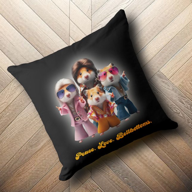 Funny Peace. Love. Bellbottoms. Hamster Supergroup Cushion (Funny Peace. Love. Bellbottoms. Hamster Supergroup Throw Pillow Cover Photo)