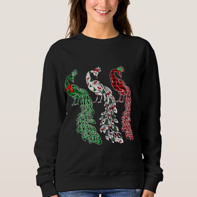 Funny Peacock Xmas Tree Lights Red Plaid Christmas Sweatshirt (Front)
