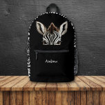 Funny Peeking Zebra Printed Backpack<br><div class="desc">This cute backpack has the image of an adorable striped zebra peeking over a wall. The sides and top have a black and white zebra stripe pattern, while the solid black pocket has text in silver. You can place your name in the text field, or maybe think of something funny...</div>