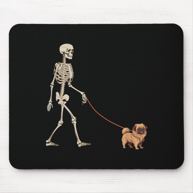 Funny Pekingese Skeleton Dog Walking Halloween Dog Mouse Pad (Front)