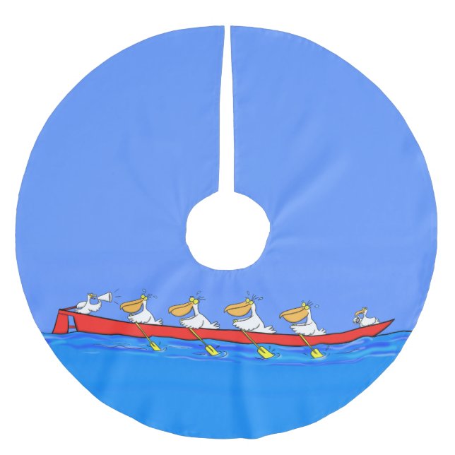 Funny pelicans rowing cartoon illustration brushed polyester tree skirt (Front)